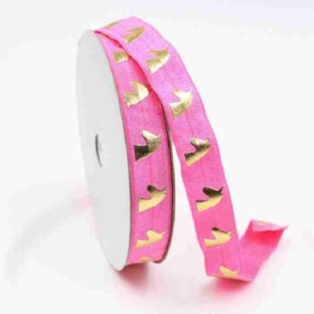 Yarda de Bies Elástico Rosa Mexicano con Holograma Dorado Unicornio