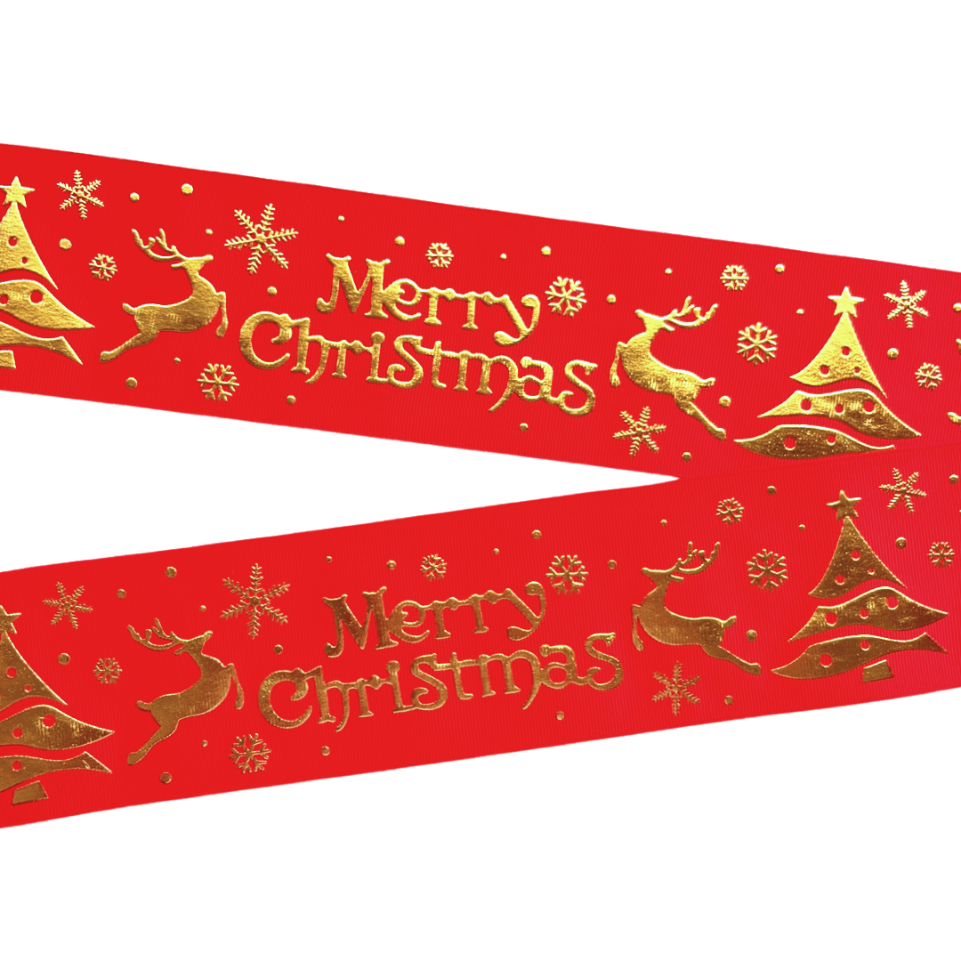 Yarda de Listón 7.5 Rojo- Holograma Merry Christmas Dorado