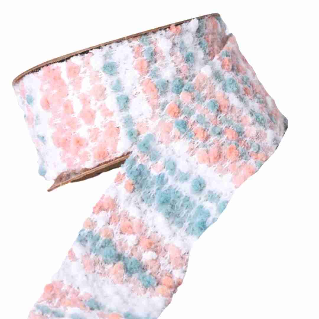 Yarda de Listón 3.5cm Mini Pompones Rosa y Menta