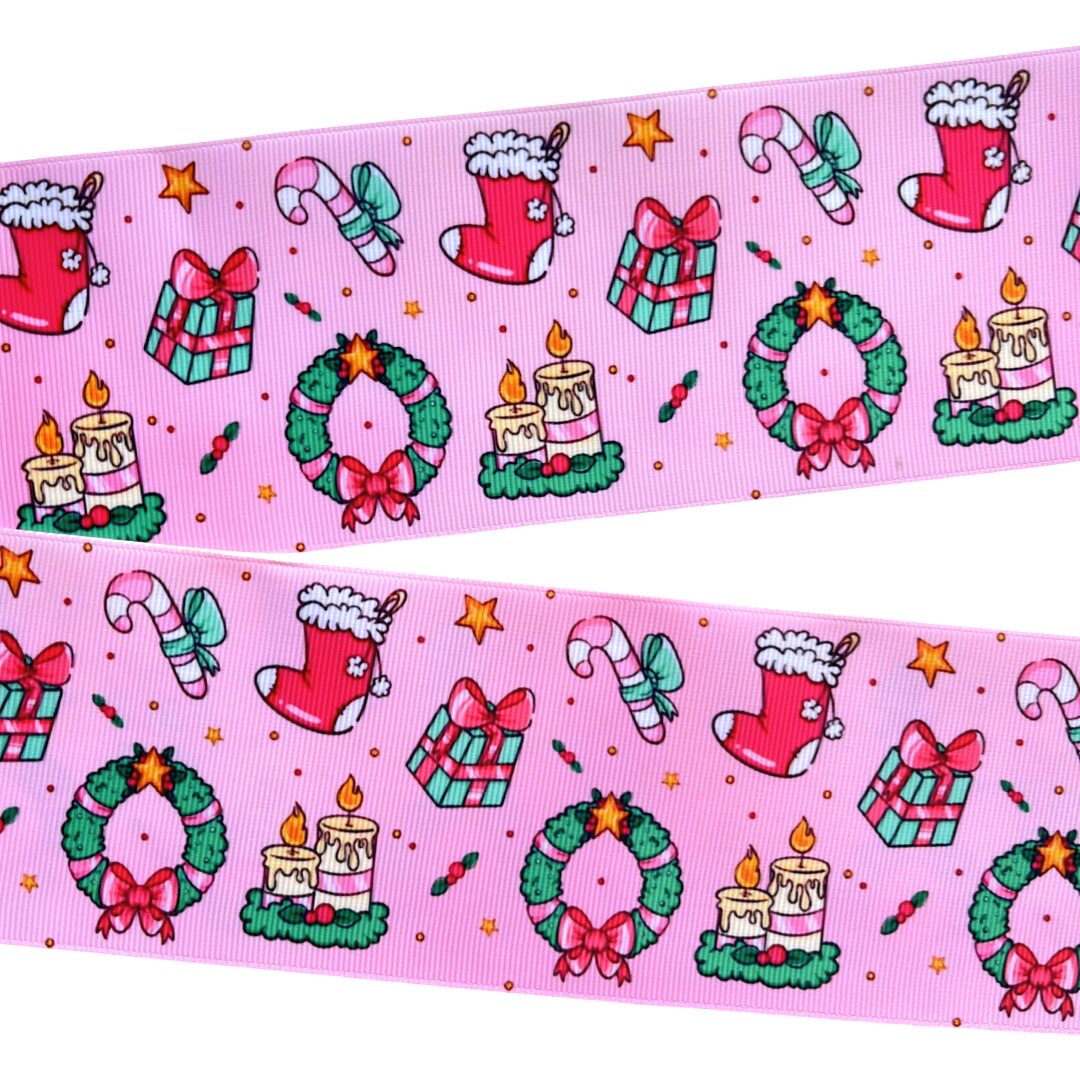 Yarda de Listón Estampado 7.5cm Navidad Rosa