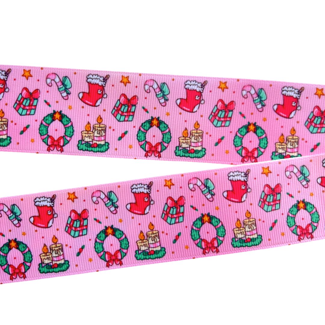 Yarda de Listón Estampado 3.8 Navidad Rosa
