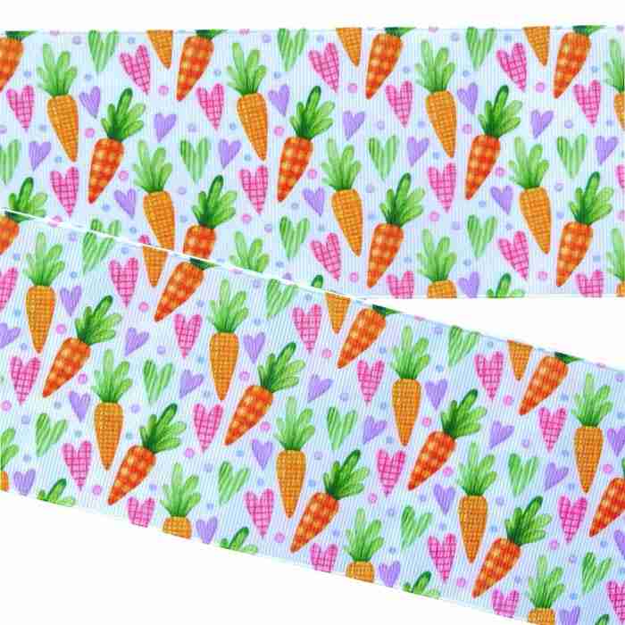 Yarda de Listón Estampado 7.5cm Zanahorias y Corazones