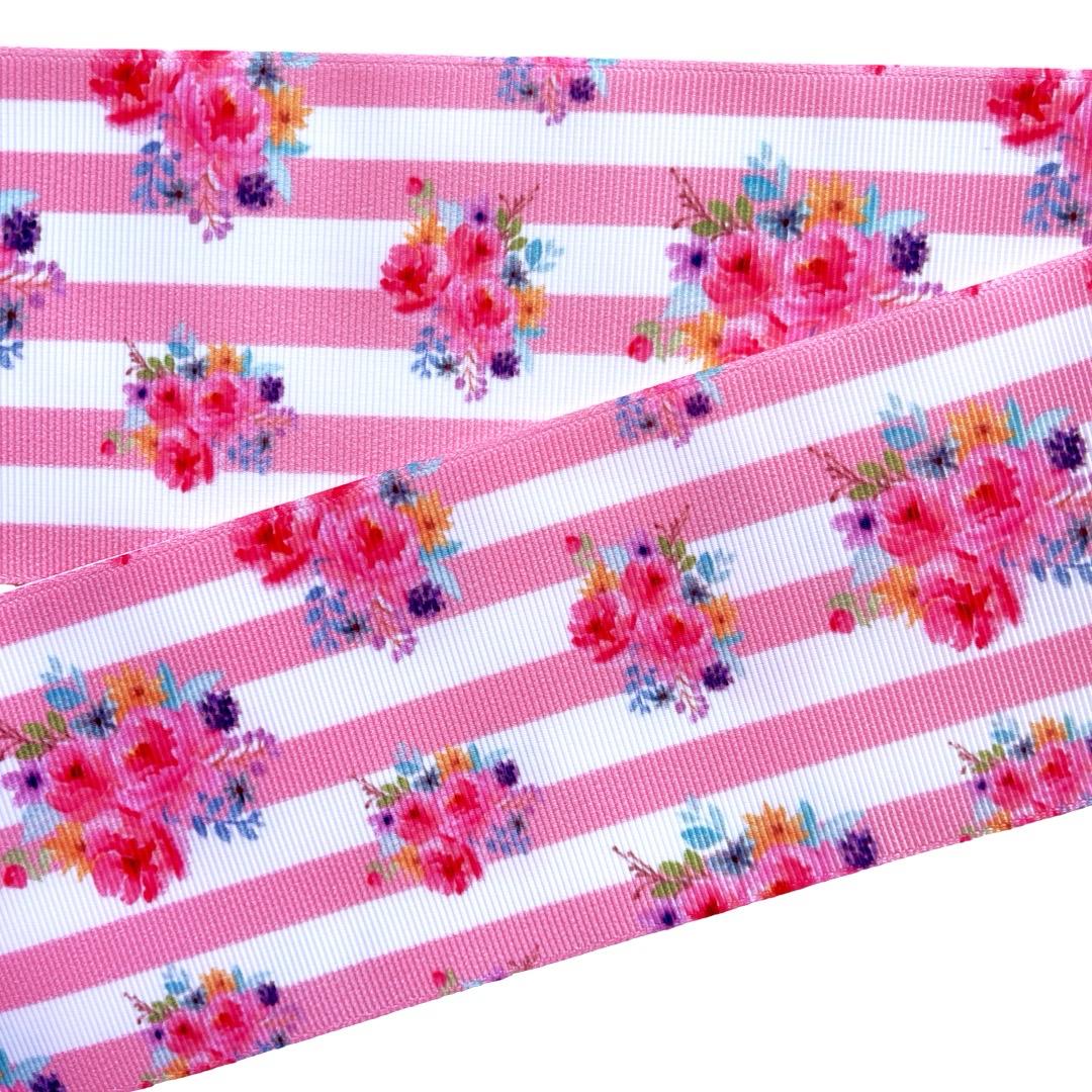 Yarda de Listón Estampado 7.5cm Líneas  y Rosas