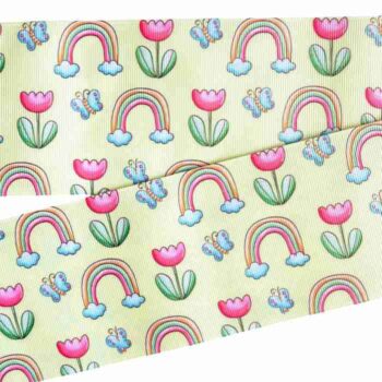 Yarda de Listón Estampado 7.5cm Arcoiris y Tulipanes