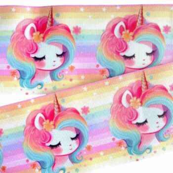 Yarda de Listón Estampado 7.5cm Unicornio sobre Arcoiris