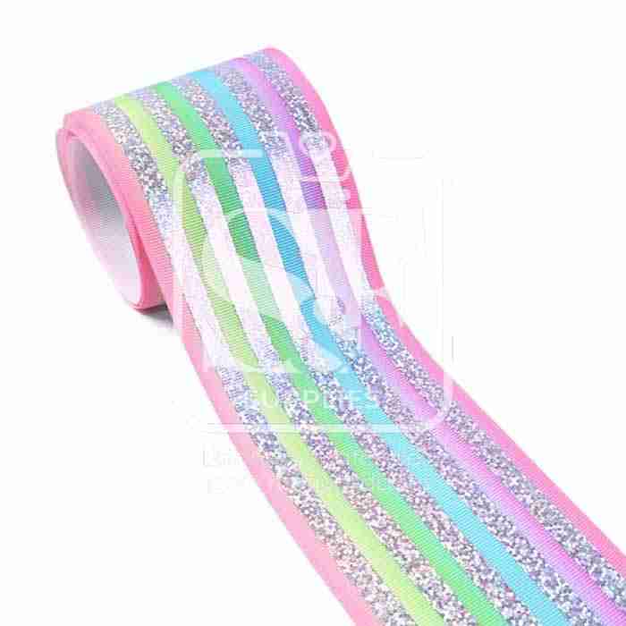 Yarda de Listón 7.5 Arcoiris - Líneas Hologramas Plateadas