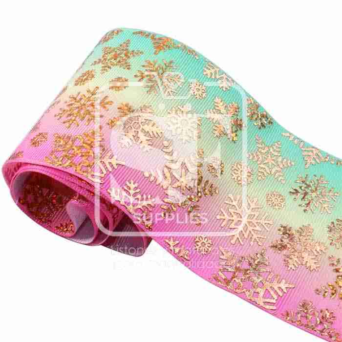 Yarda de Listón 7.5 Arcoiris Horizontal - Holograma Copos Dorados