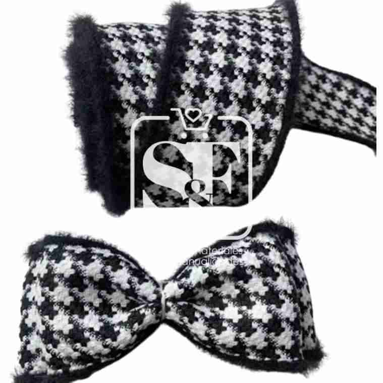 Yarda Listón de Tela Houndstooth Blanco y Negro