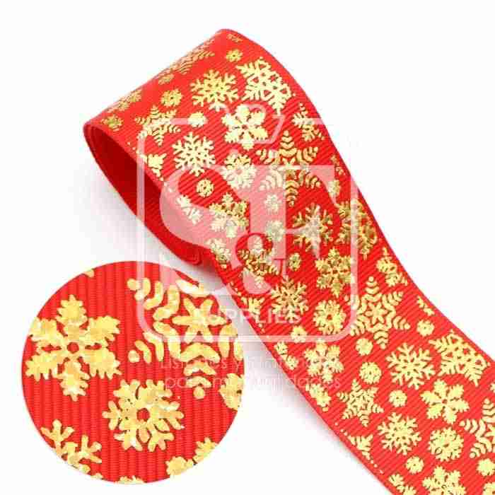 Yarda de Listón 3.8 Rojo - Holograma Copos Dorados