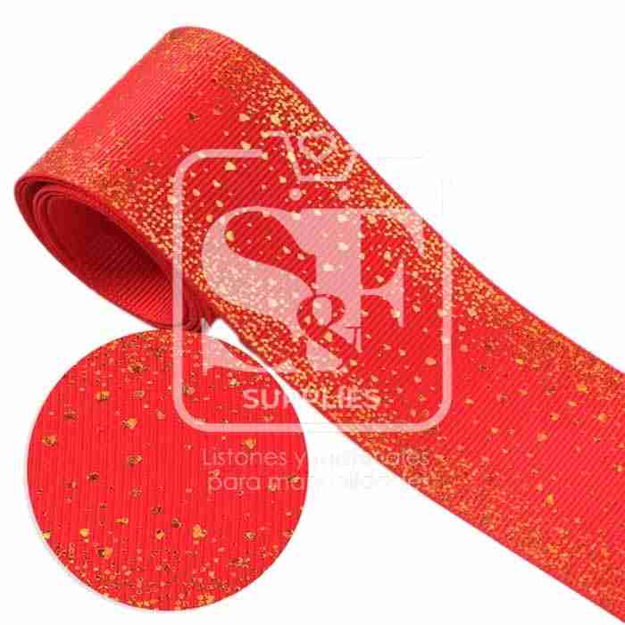 Yarda de Listón 3.8 Rojo - Holograma Escarchas Doradas