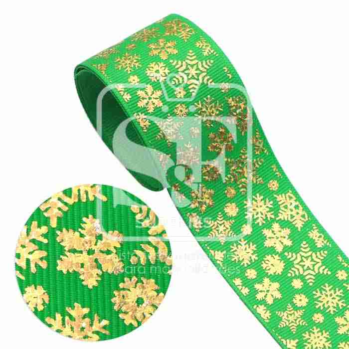 Yarda de Listón 3.8 Verde - Holograma Copos Dorados