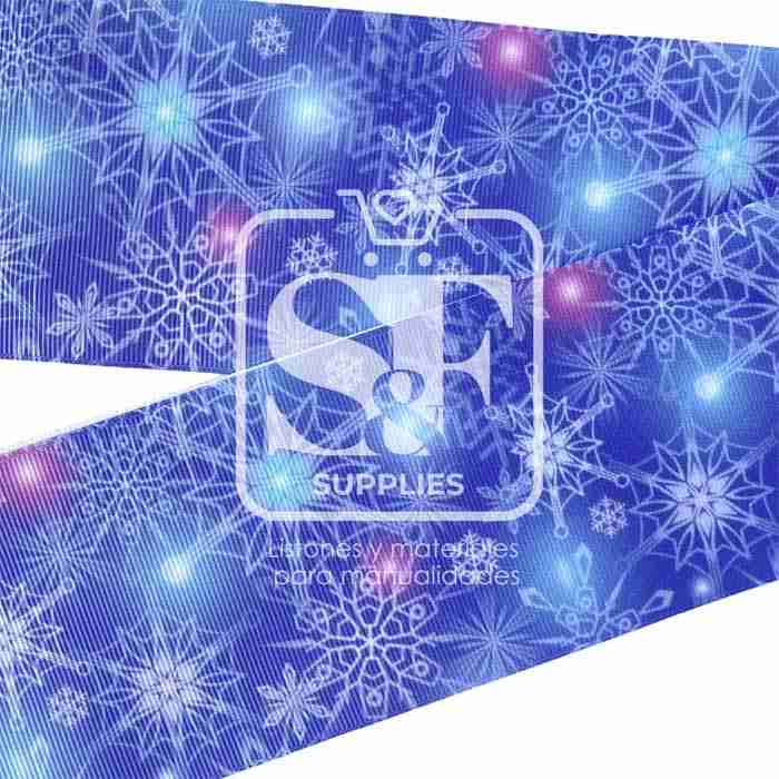 Yarda de Listón Estampado 7.5cm Azul Copos