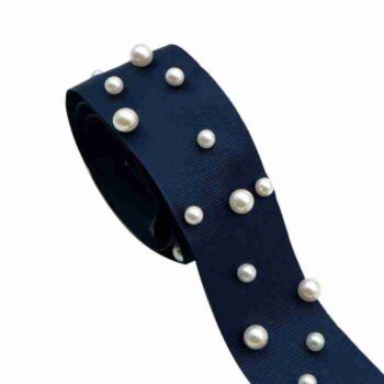 Yarda de Listón Acordonado 3.8cm Azul Marino con perlas