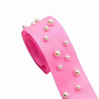 Yarda de Listón Acordonado 3.8cm Rosa Mexicano con perlas