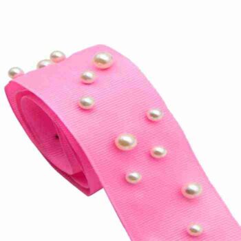 Yarda de Listón Acordonado 7.5cm Rosa Mexicano con Perlas