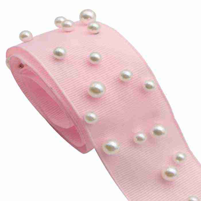 Yarda de Listón Acordonado 7.5cm Rosa Bebé con Perlas