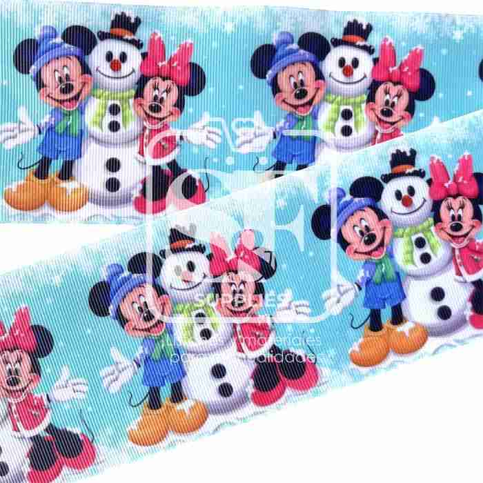 Yarda de Listón Estampado 7.5cm Minnie y Mickey Snowman