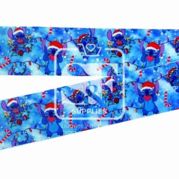 Yarda de Listón Estampado 3.8 Stitch Navidad Azul