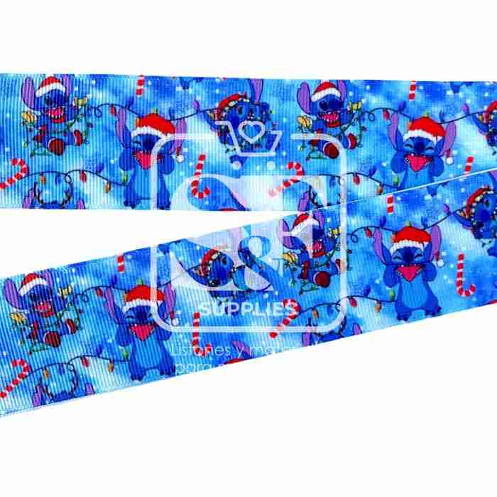 Yarda de Listón Estampado 3.8 Stitch Navidad Azul
