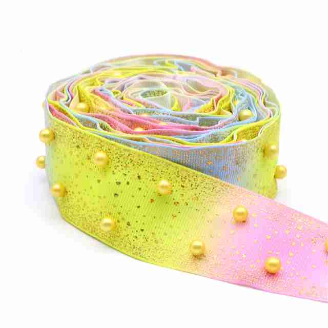 Yarda de Listón Acordonado con Perlas 3.8cm Acuarela con Holograma