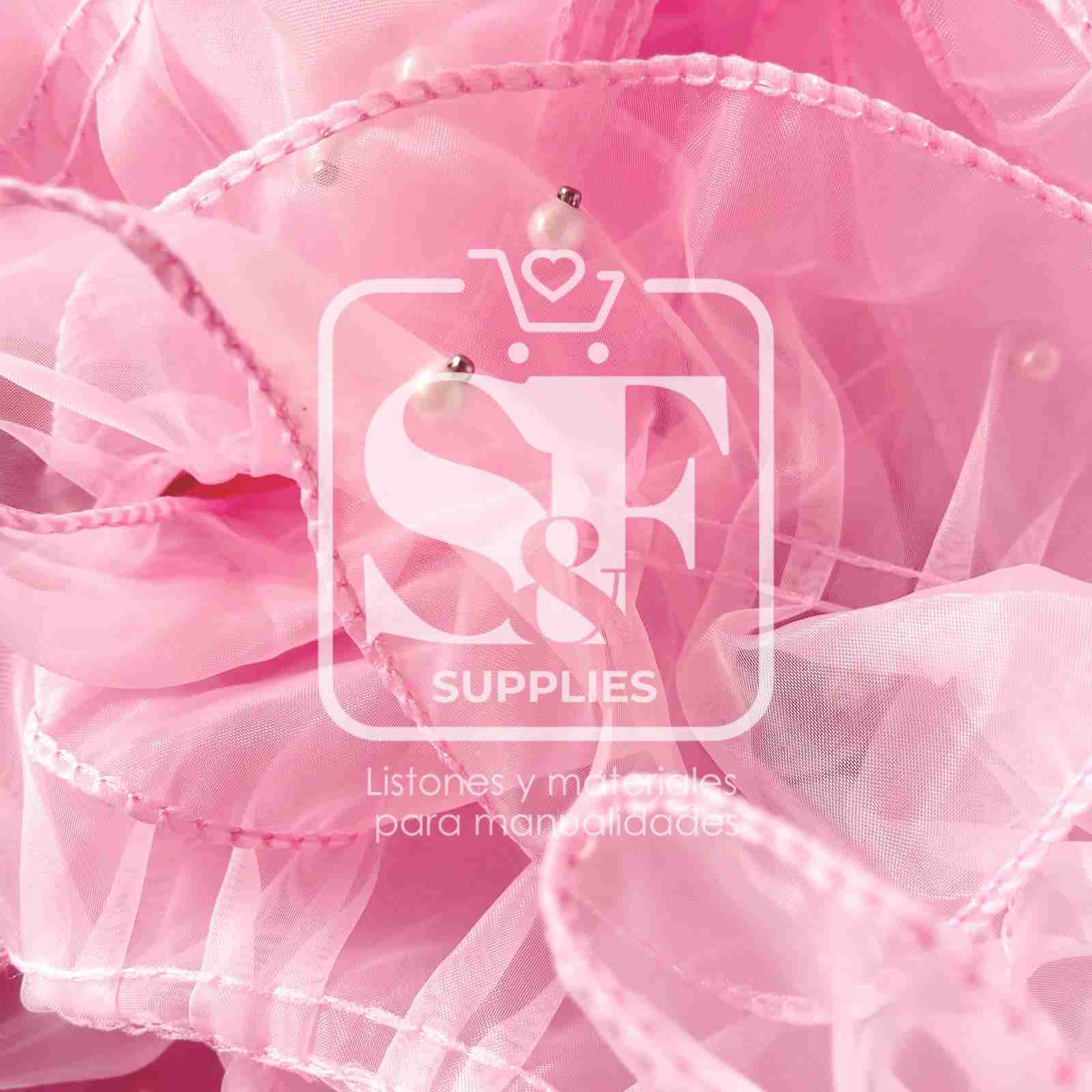 Yarda de Organza Rosa Con Perlas