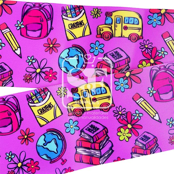 Yarda de Estampado 7.5cm Collage Escolar Morado