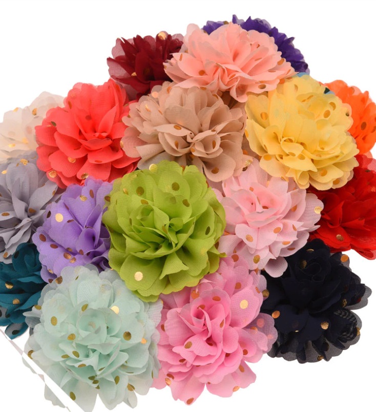 Kit de 4 Flores de Chiffon con punto dorado.