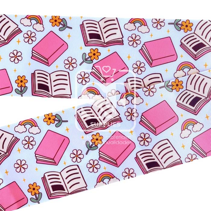Yarda de Listón Estampado 3.8cm Libros y Flores