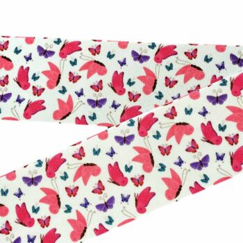 Yarda de Listón Estampado 7.5cm Mariposas Fondo Blanco