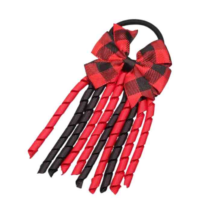 Moño Navideño con Listón Rizado Rojo y Negro