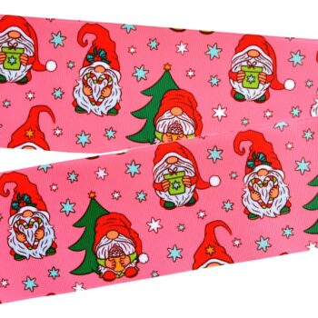 Yarda de Listón Estampado 7.5cm Gnomo fondo Rosa