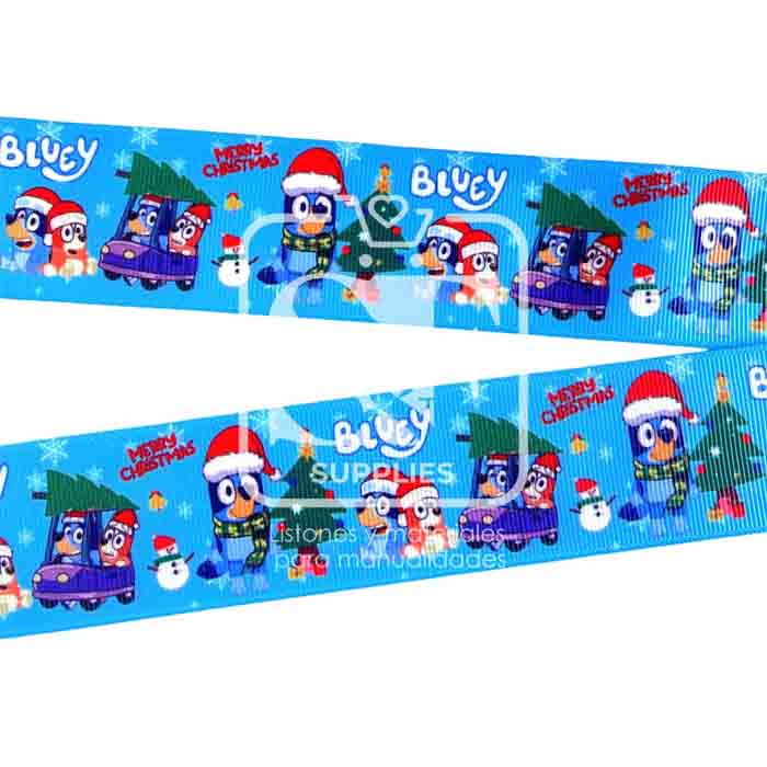 Yarda de Listón Estampado 3.8 Bluey Turquesa Navidad