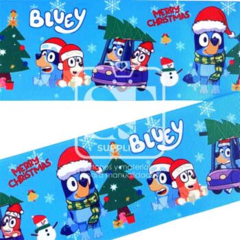 Yarda de Listón Estampado 7.5cm Bluey Turquesa Navidad