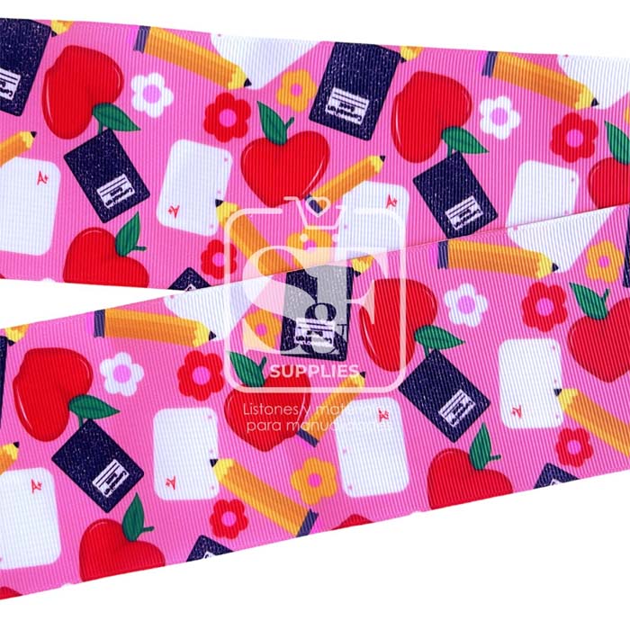 Yarda de Listón Estampado 7.5cm Collage Escolar Rosa