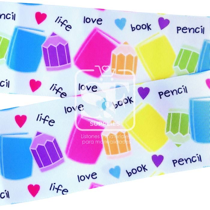 Yarda de Listón Estampado 7.5cm Life, Love, Book, Pencil