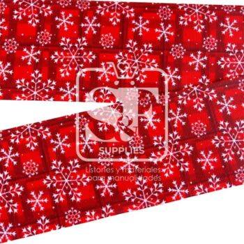 Yarda de Listón Estampado 7.5cm  Cuadros Rojos Muchos Copos
