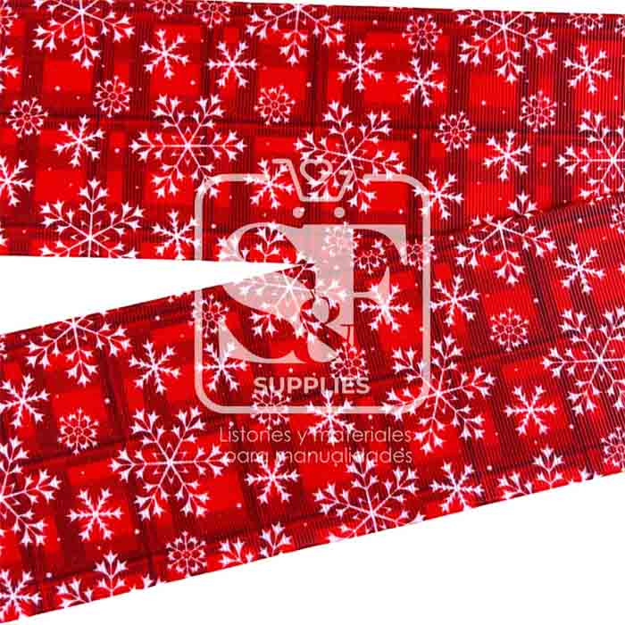Yarda de Listón Estampado 7.5cm  Cuadros Rojos Muchos Copos