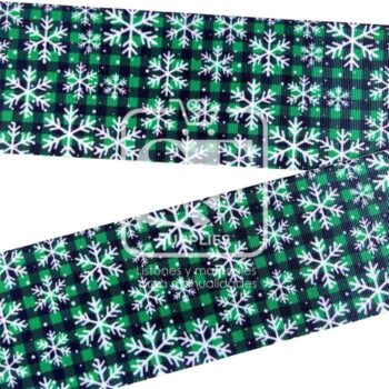 Yarda de Listón Estampado 7.5cm Cuadros Verdes y Negros Copos
