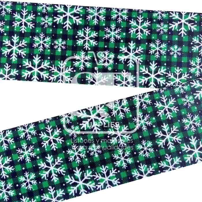 Yarda de Listón Estampado 7.5cm Cuadros Verdes y Negros Copos