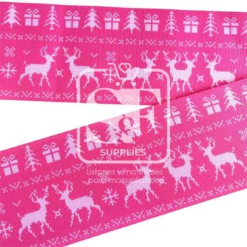 Yarda de Listón Estampado 7.5cm Ugly Sweater Renos Rosa