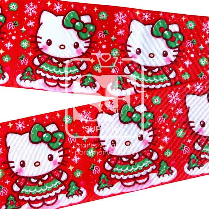 Yarda de Listón Estampado 7.5cm Kitty Rojo Atuendo Navideño