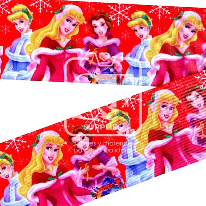Yarda de Listón Estampado 7.5cm Princesas Rojo Copos