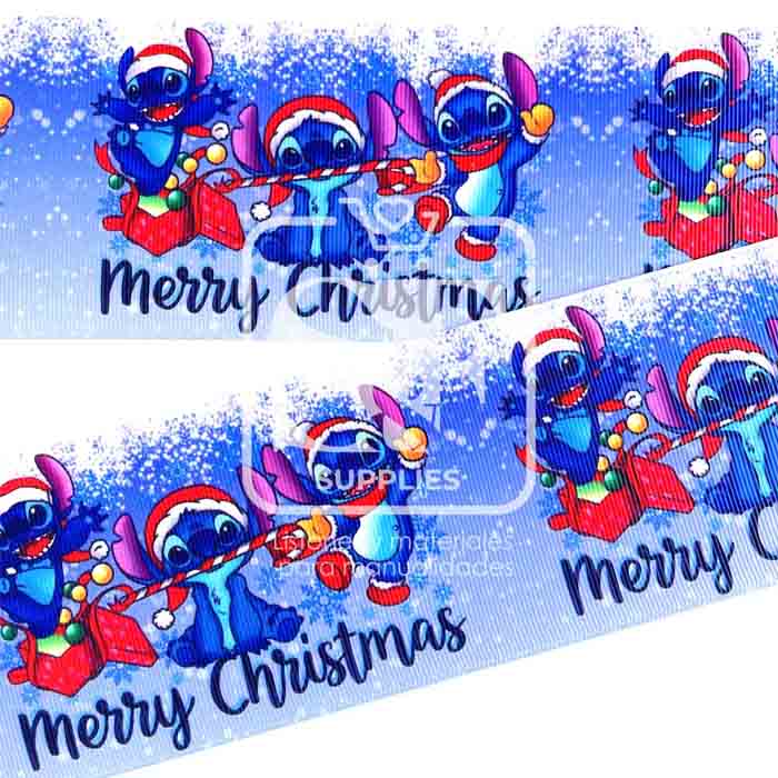 Yarda de Listón Estampado 7.5cm Stitch Merry Christmas