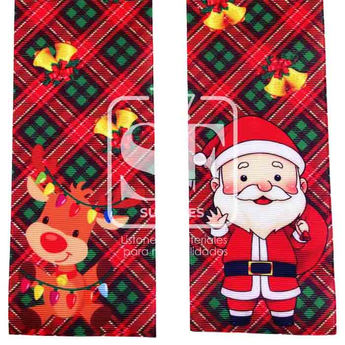 Tira de Listón Estampado 7.5cm Reno y Santa
