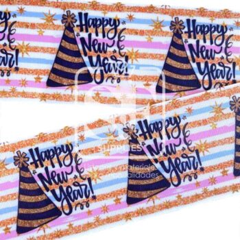 Yarda de Listón Estampado 7.5cm Happy New Year Franjas