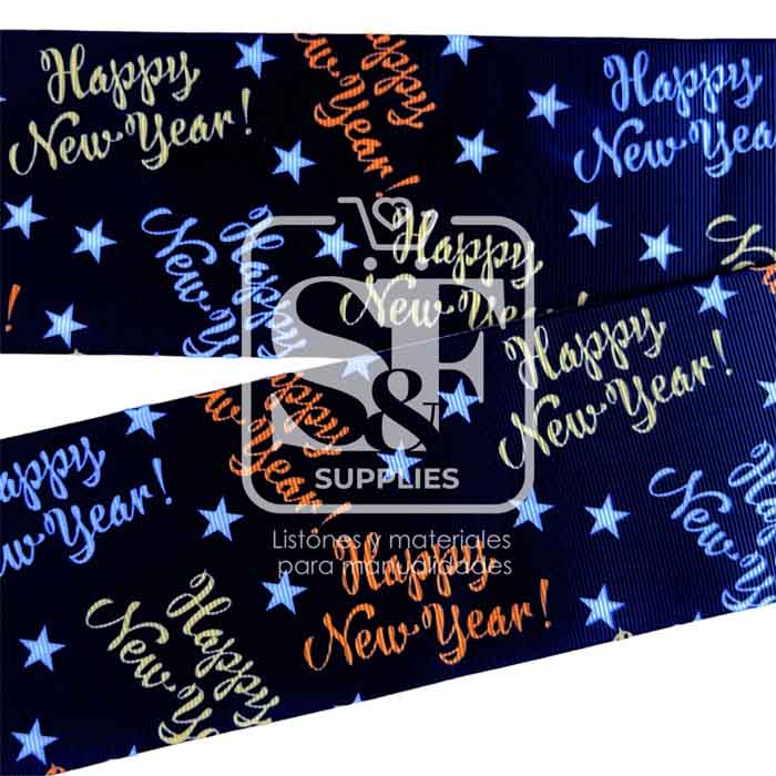 Yarda de Listón Estampado 7.5cm Happy New Year Negro