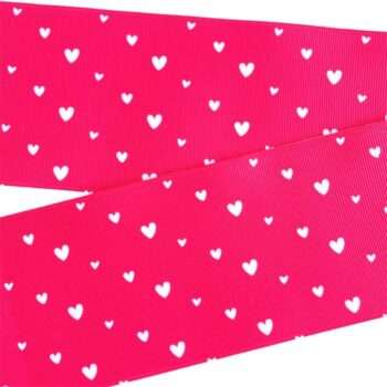 Yarda de Listón Estampado 7.5cm Fucsia Intenso Corazones Blancos