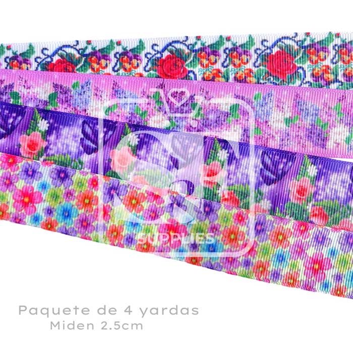 Paquete con 4 yardas de listón 2.5cm Lila Floreado