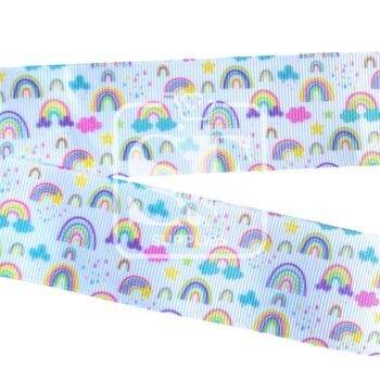 Yarda de Listón Estampado 3.8cm Blanco Collage Arcoiris