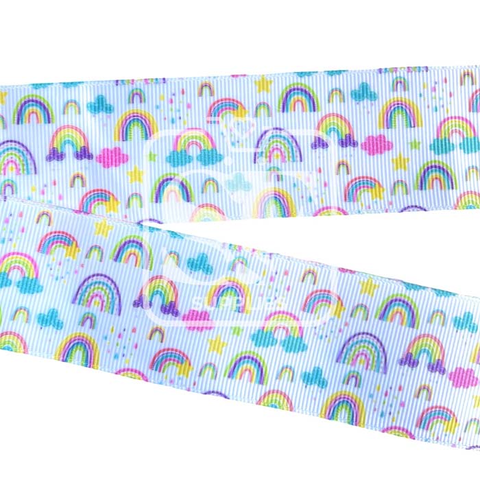 Yarda de Listón Estampado 3.8cm Blanco Collage Arcoiris